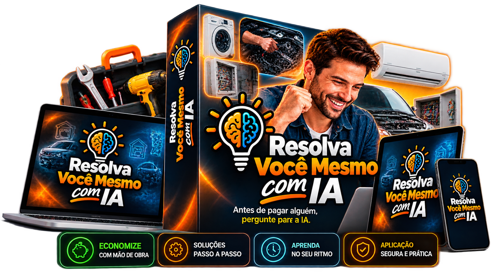 Mockup do Resolva Você Mesmo com IA em notebook, tablet e celular